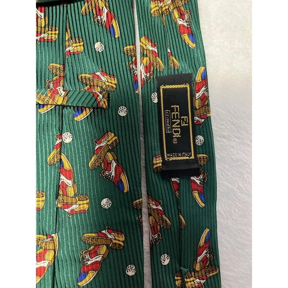 Fendi Cravatte Mens Green 100% Silk Golf Shoes Pattern Italian Designer Neck Tie
